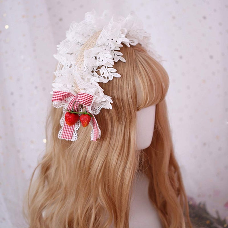 YOMORIO Womens Strawberry Maid Cosplay Hair Hoop Lolita Cute Bows Headwear Vintage Lace Hairband (White) - Image 3